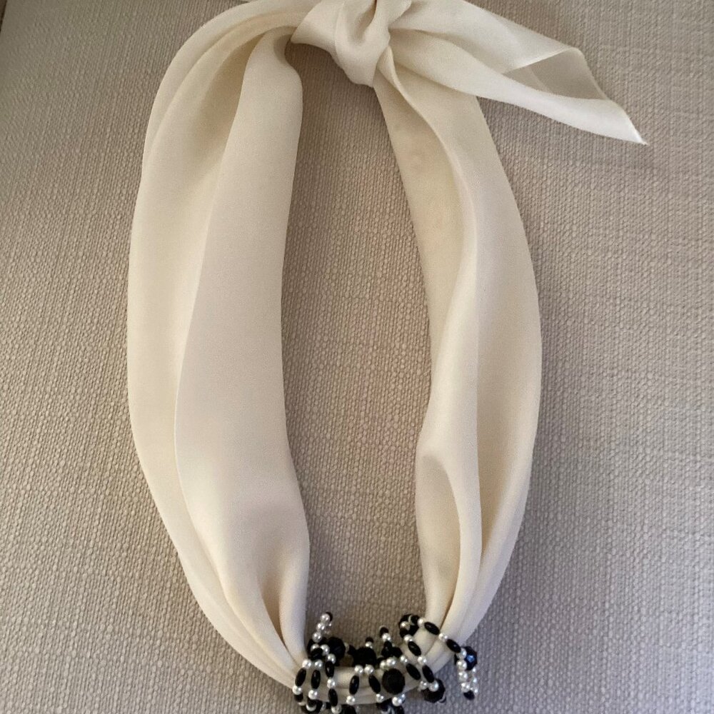 Cream, white scarf necklace with beads, 19 inches